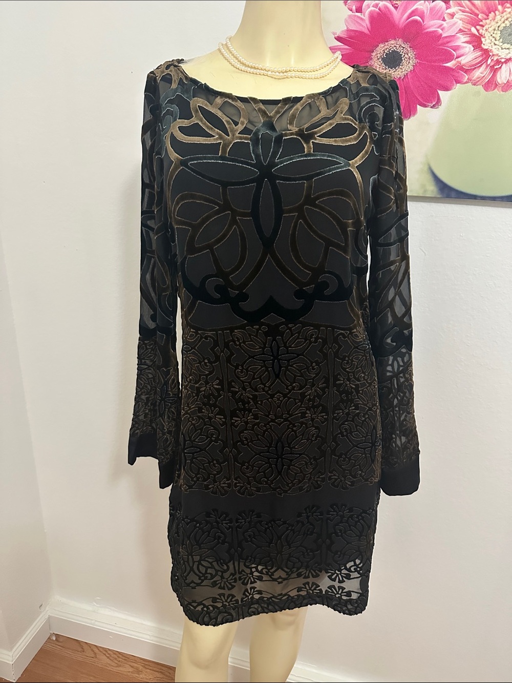 Hale Bob Black and Brown Sheer Burnout Velvet Long Sleeve Dress